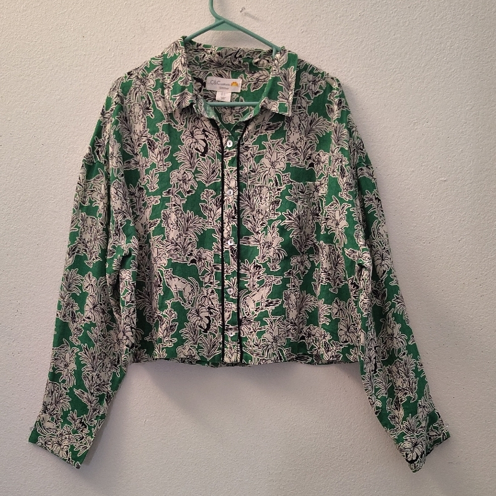 C&C‎ California Green Floral Blouse Size Xl - Picture 4 of 14